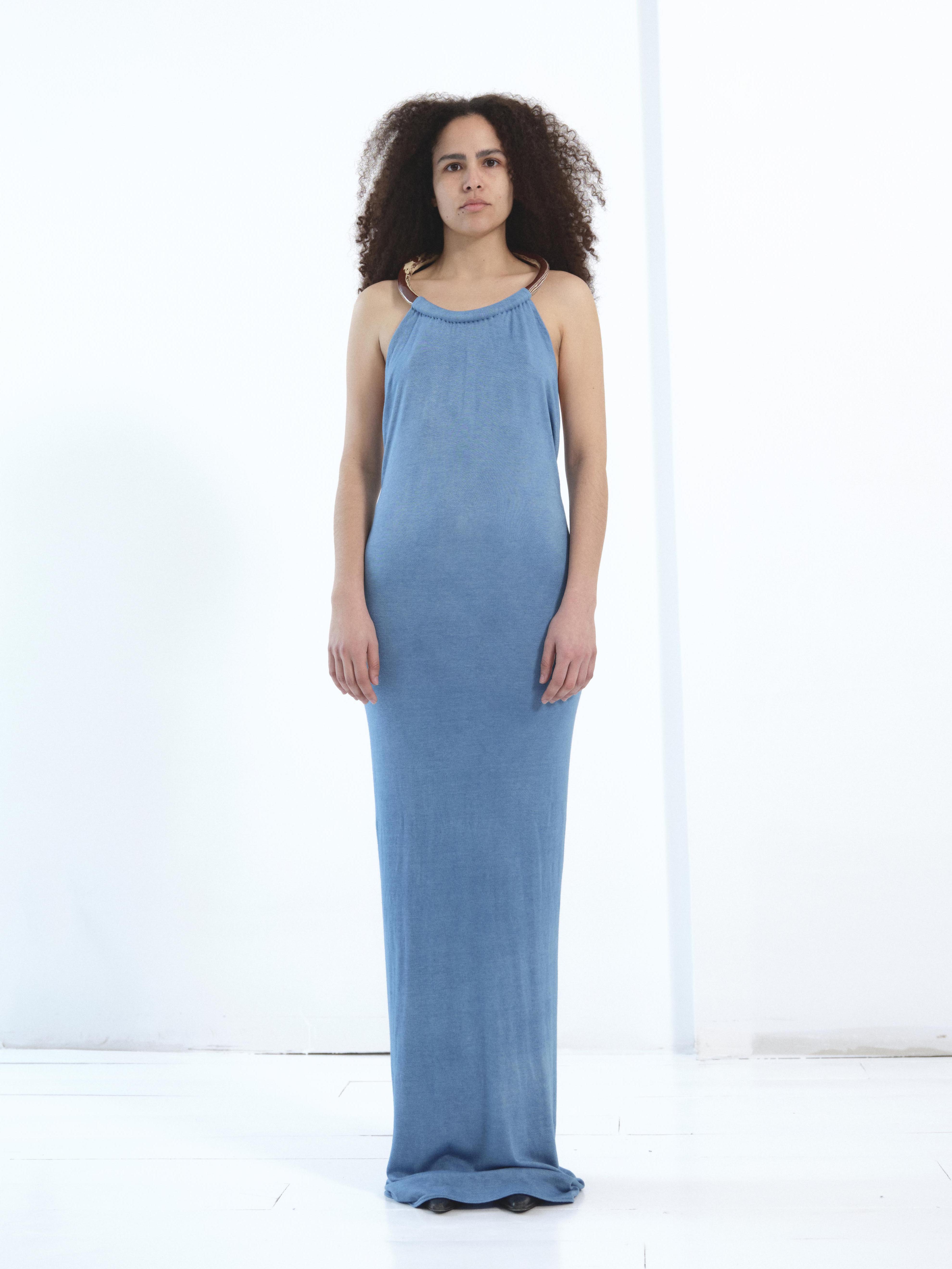 the neck ceramic ring dress, long sleeve in indigo