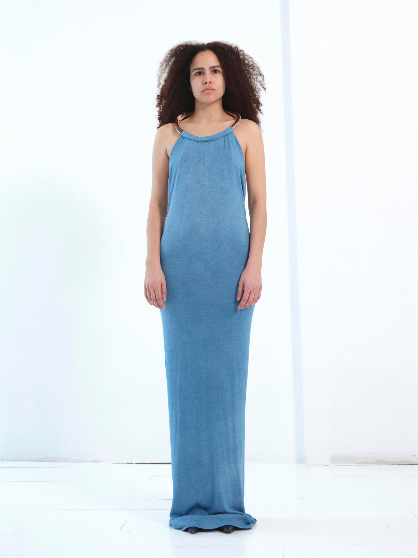 The Neck Ceramic Ring Dress, Long Sleeve in indigo