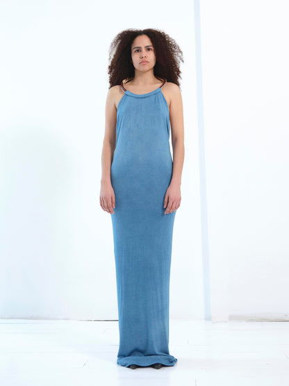 The Neck Ceramic Ring Dress, Long Sleeve in indigo