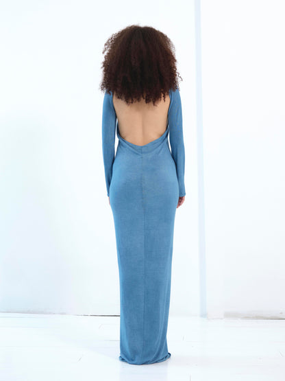 The Neck Ceramic Ring Dress, Long Sleeve in indigo