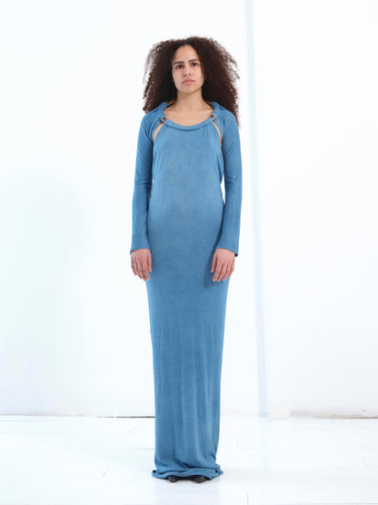 The Neck Ceramic Ring Dress, Long Sleeve in indigo