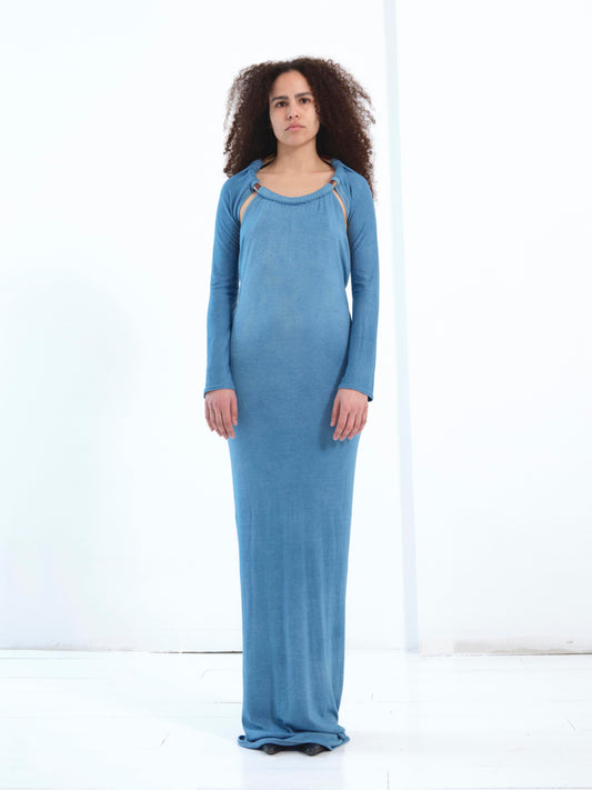 The Neck Ceramic Ring Dress, Long Sleeve in indigo